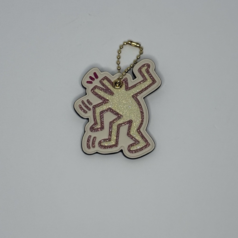 Coach x‎ Keith Haring Dancing Dog White Pink Glitter Leather Bag Charm